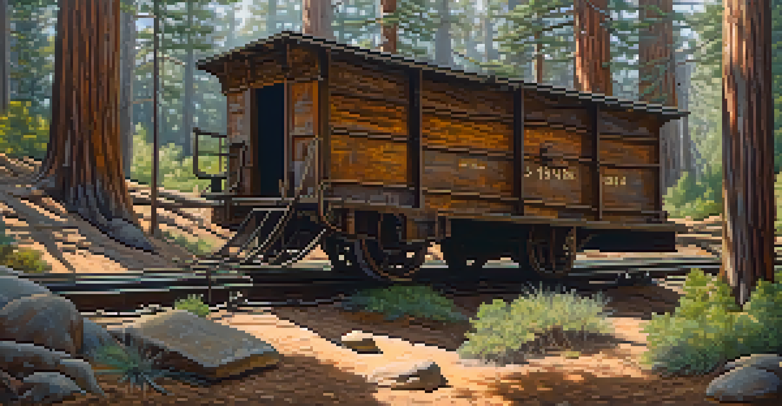 An old mining cart on rusted tracks surrounded by trees and sunlight filtering through the foliage.