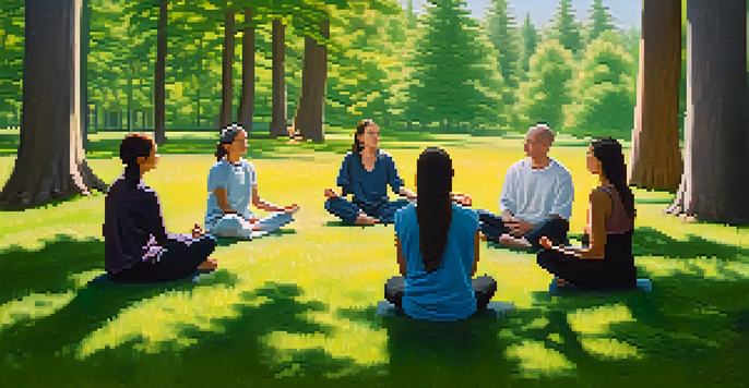 A group of participants engaged in a mindfulness session in a circle on the grass, surrounded by trees and a blue sky, with an instructor leading them.