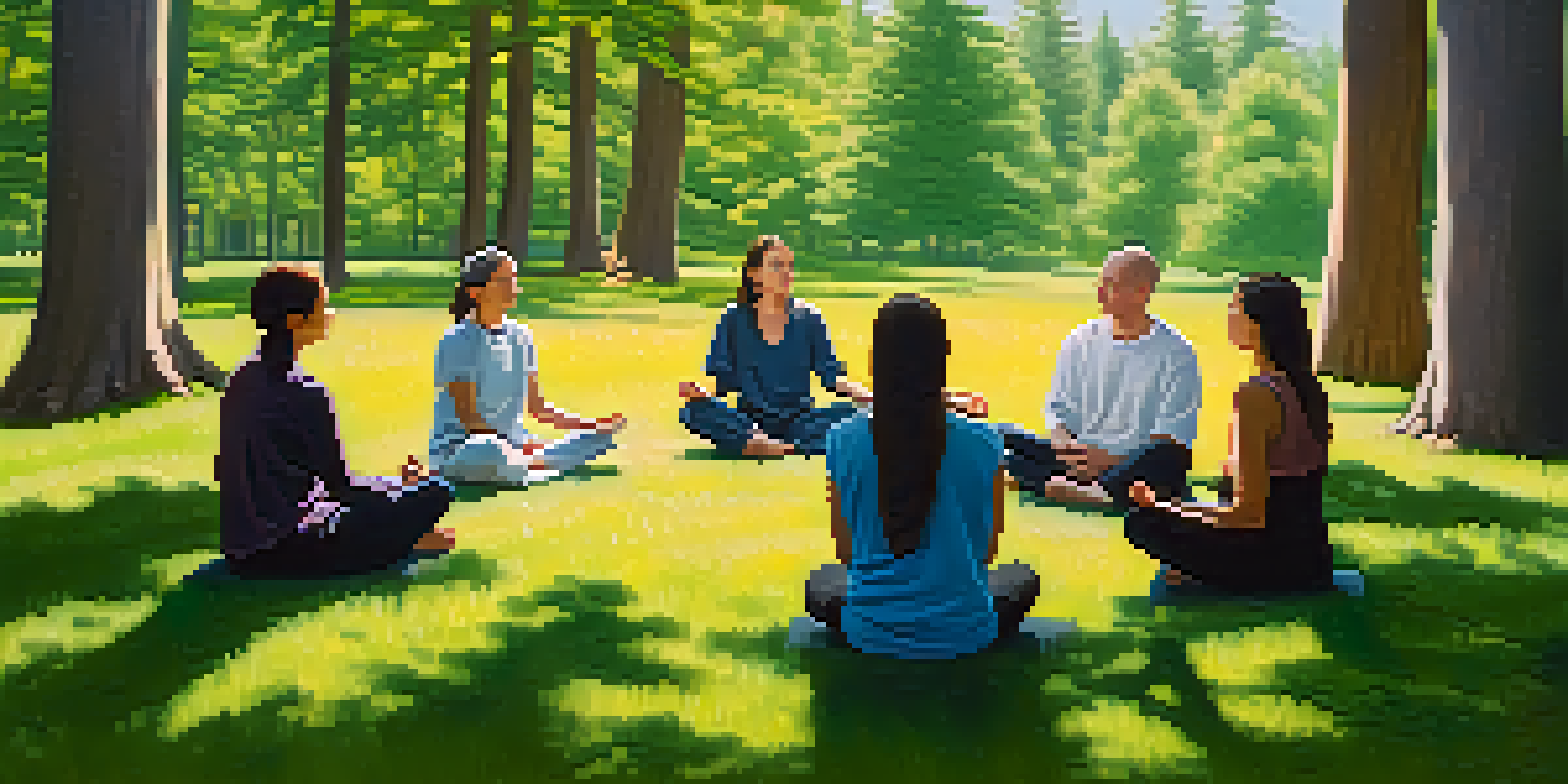 A group of participants engaged in a mindfulness session in a circle on the grass, surrounded by trees and a blue sky, with an instructor leading them.