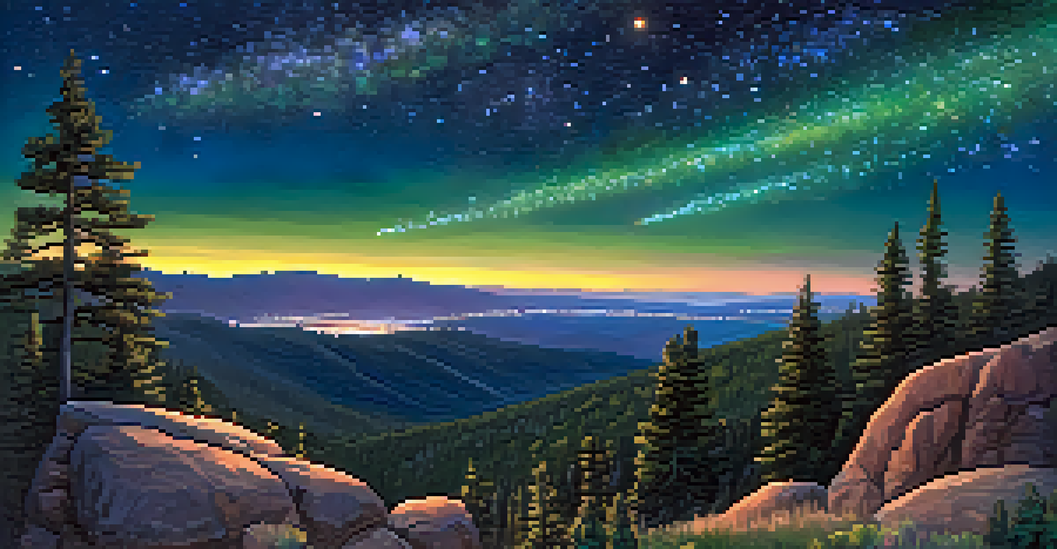 Friends gathered on a hillside at Snow Summit, watching shooting stars in a vibrant night sky.