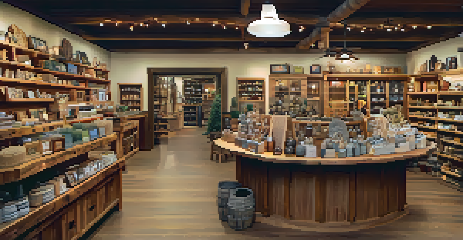 A cozy craft store in Big Bear featuring handcrafted pottery, jewelry, and woodwork, with a shop owner interacting with a customer.