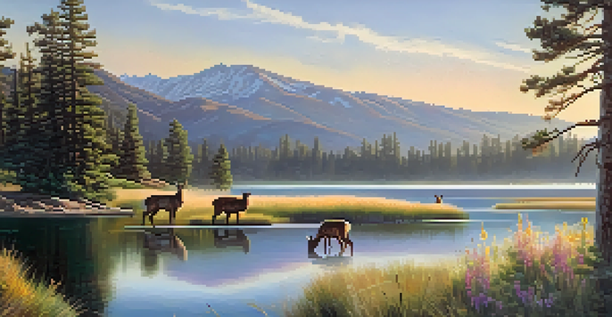 A peaceful sunrise over Big Bear Lake, with deer grazing near the shore and mountains in the background.