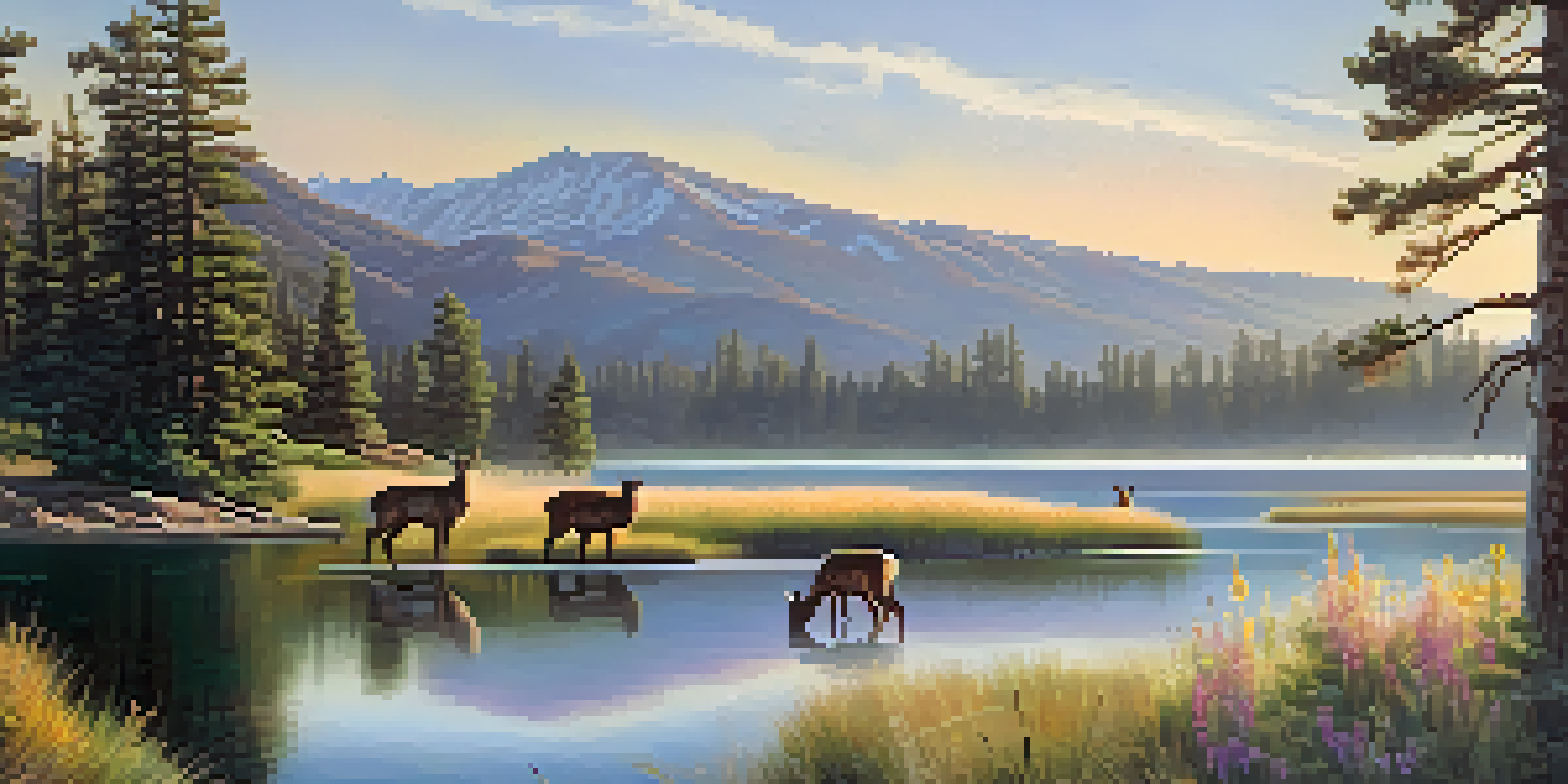 A peaceful sunrise over Big Bear Lake, with deer grazing near the shore and mountains in the background.