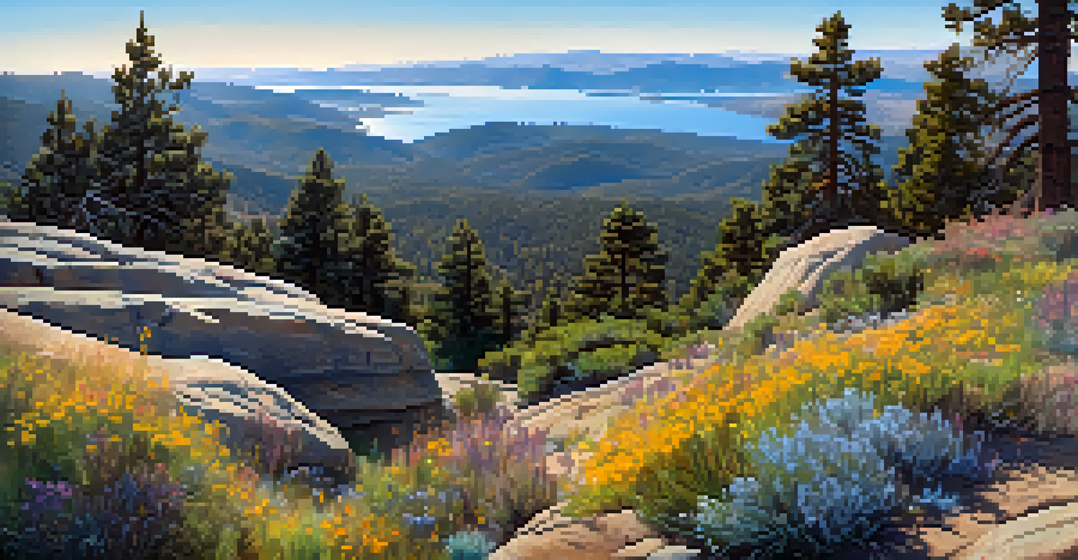 A panoramic view from the summit of Castle Rock Trail, featuring Big Bear Lake and surrounding mountains in soft morning light.
