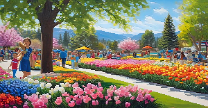 A lively festival scene with families enjoying colorful flower displays and children participating in games at Big Bear's Gardens.