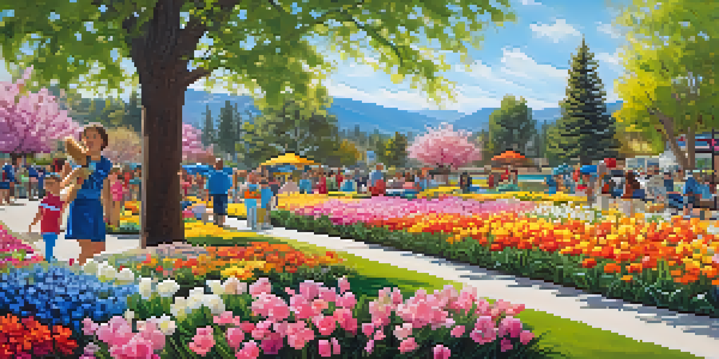 A lively festival scene with families enjoying colorful flower displays and children participating in games at Big Bear's Gardens.