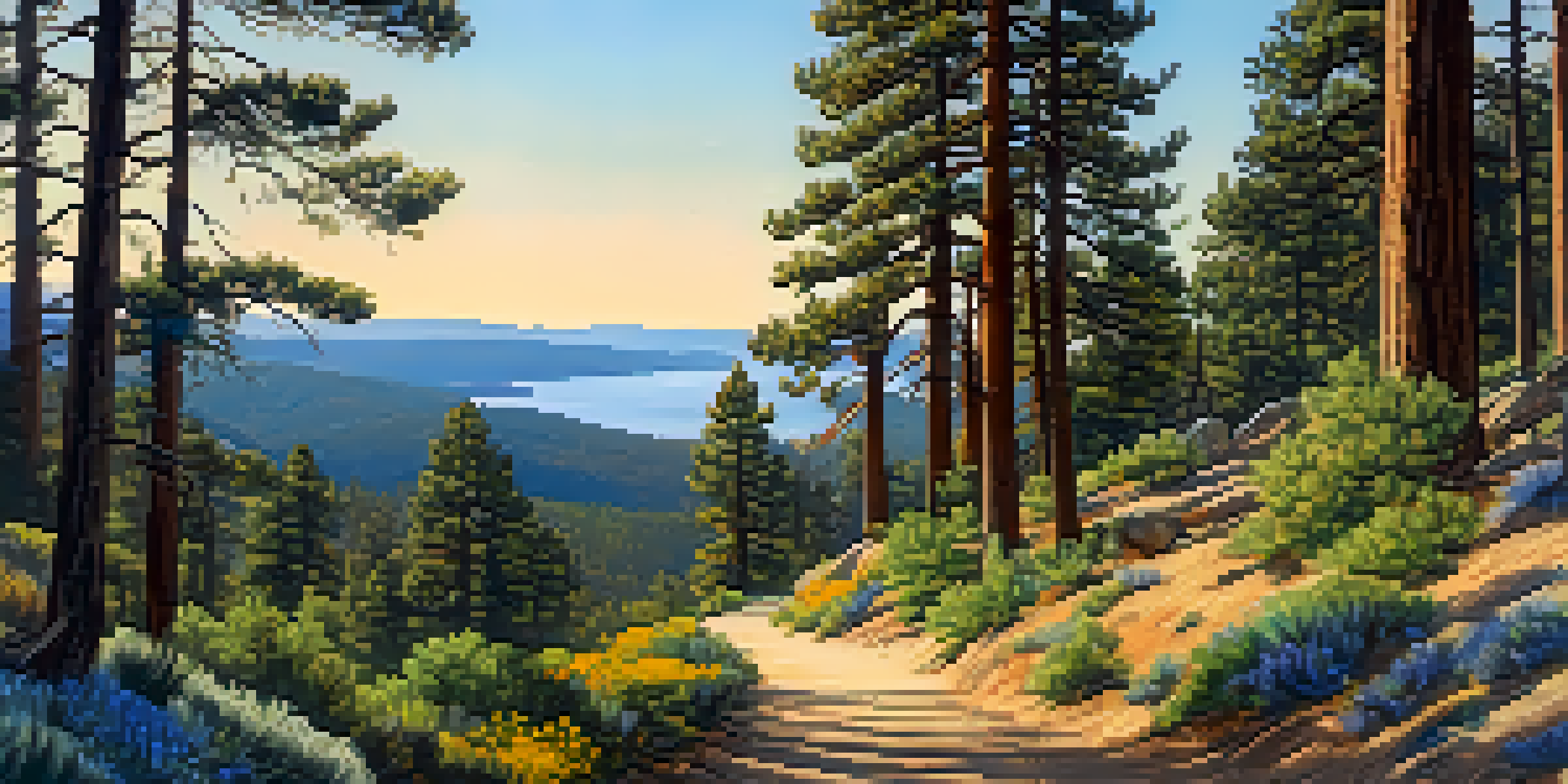 A scenic view of Pine Knot Trail with tall pine trees, a bright blue sky, and Big Bear Lake in the background, illuminated by golden sunlight.