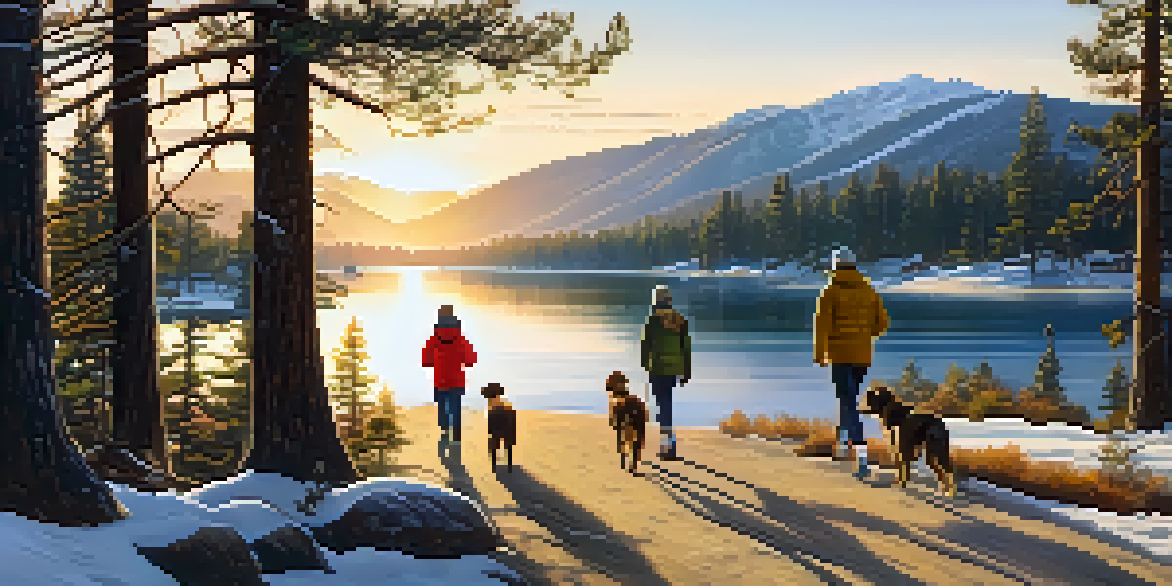 A beautiful sunrise over Big Bear Lake with pine trees and mountains, a family walking with a dog along a trail.