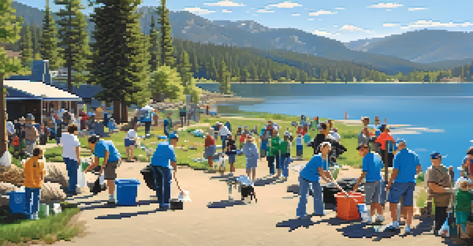 Residents participating in a community clean-up event by a serene lakeside with mountains in the background.