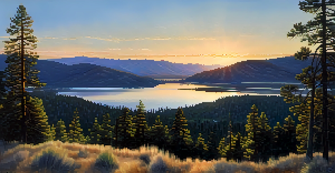 A scenic view of Big Bear Valley at sunrise, with mountains and a lake reflecting the sky, surrounded by pine trees.