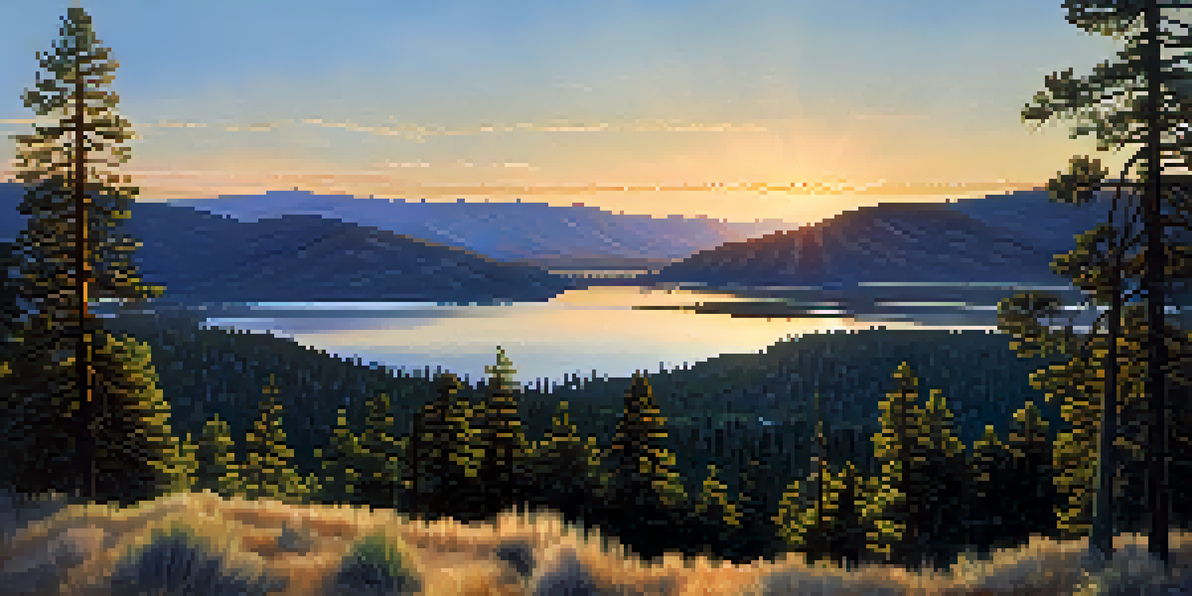 A scenic view of Big Bear Valley at sunrise, with mountains and a lake reflecting the sky, surrounded by pine trees.