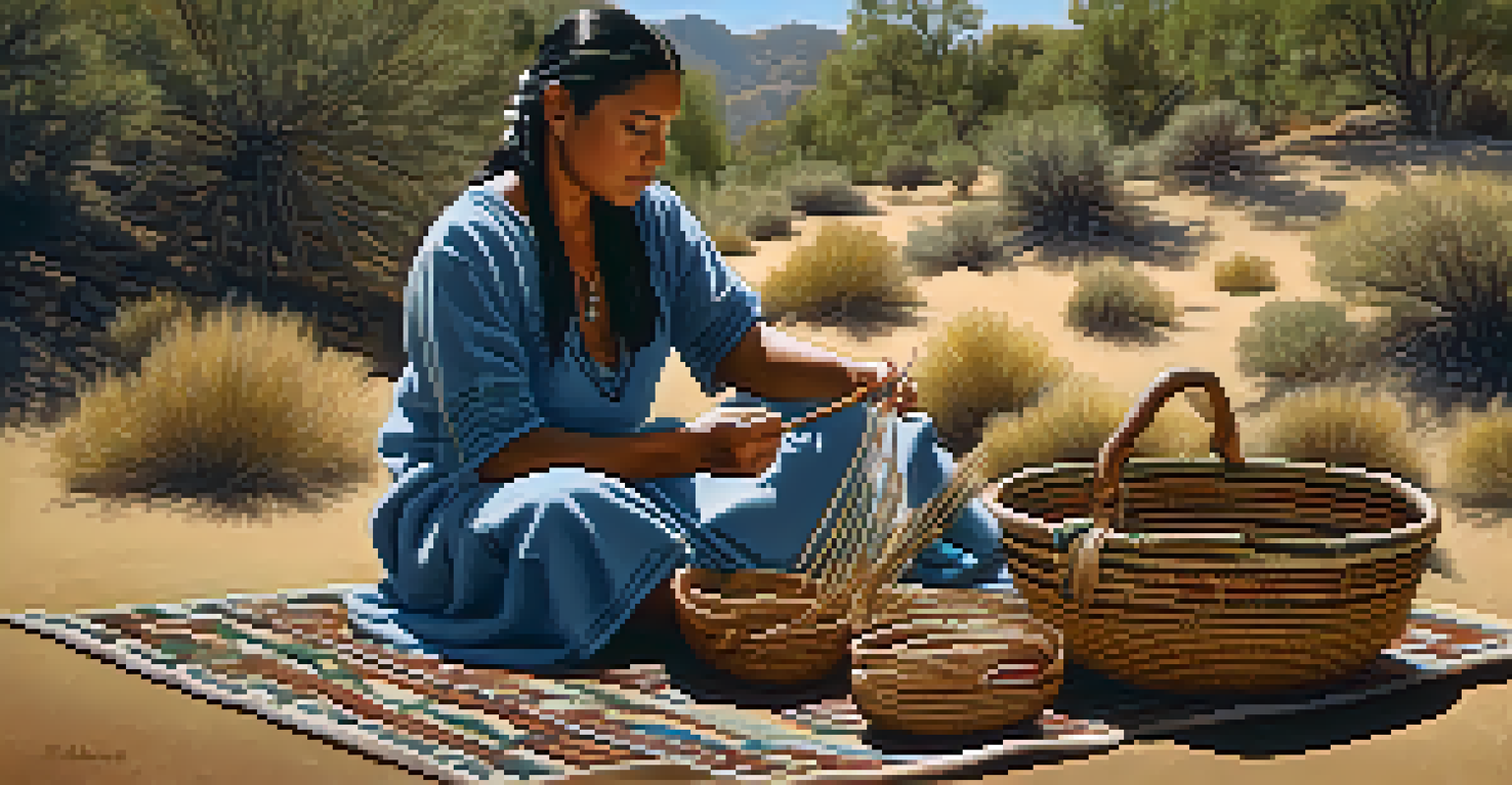 A Native American woman weaving a traditional basket in a sunlit clearing, showcasing her craftsmanship.