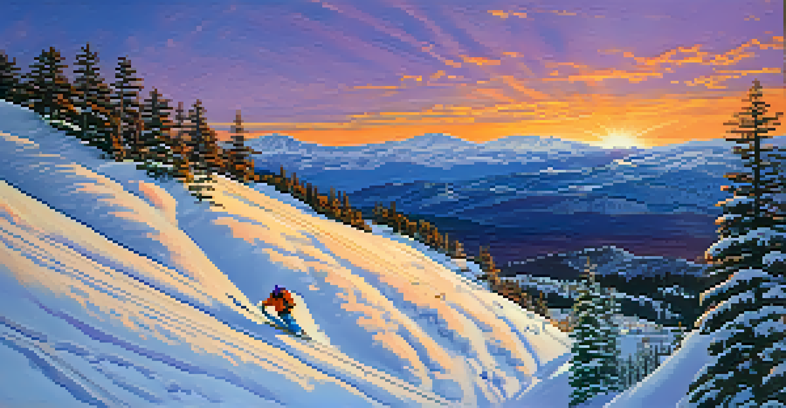 A stunning sunset over the advanced slopes of Big Bear, with expert skiers on a steep descent and majestic mountain peaks in the distance.