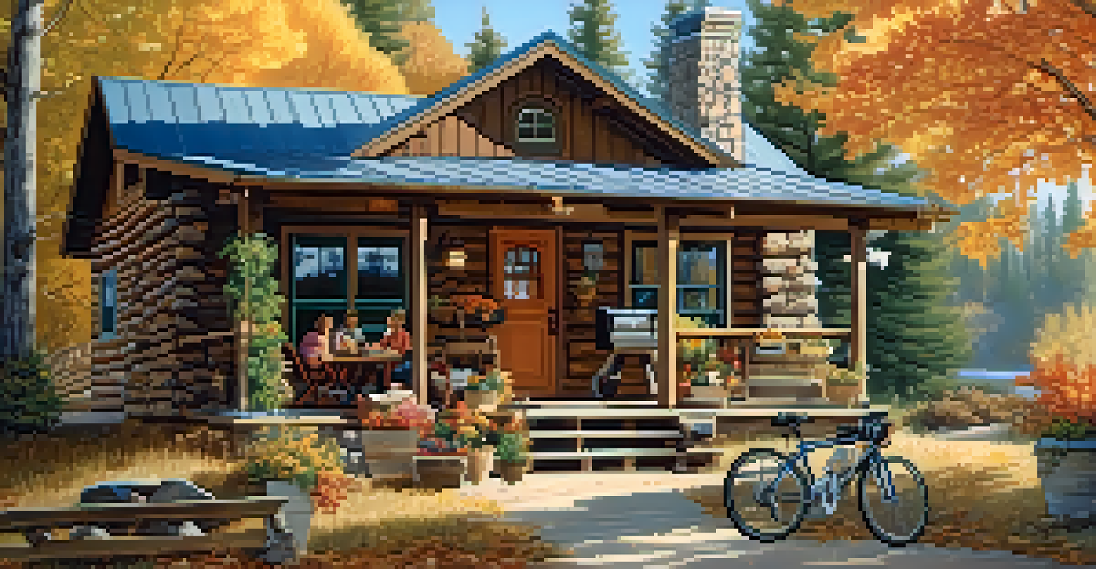 A family gathered on the porch of a cozy cabin in Big Bear, with bikes parked outside and colorful autumn leaves.