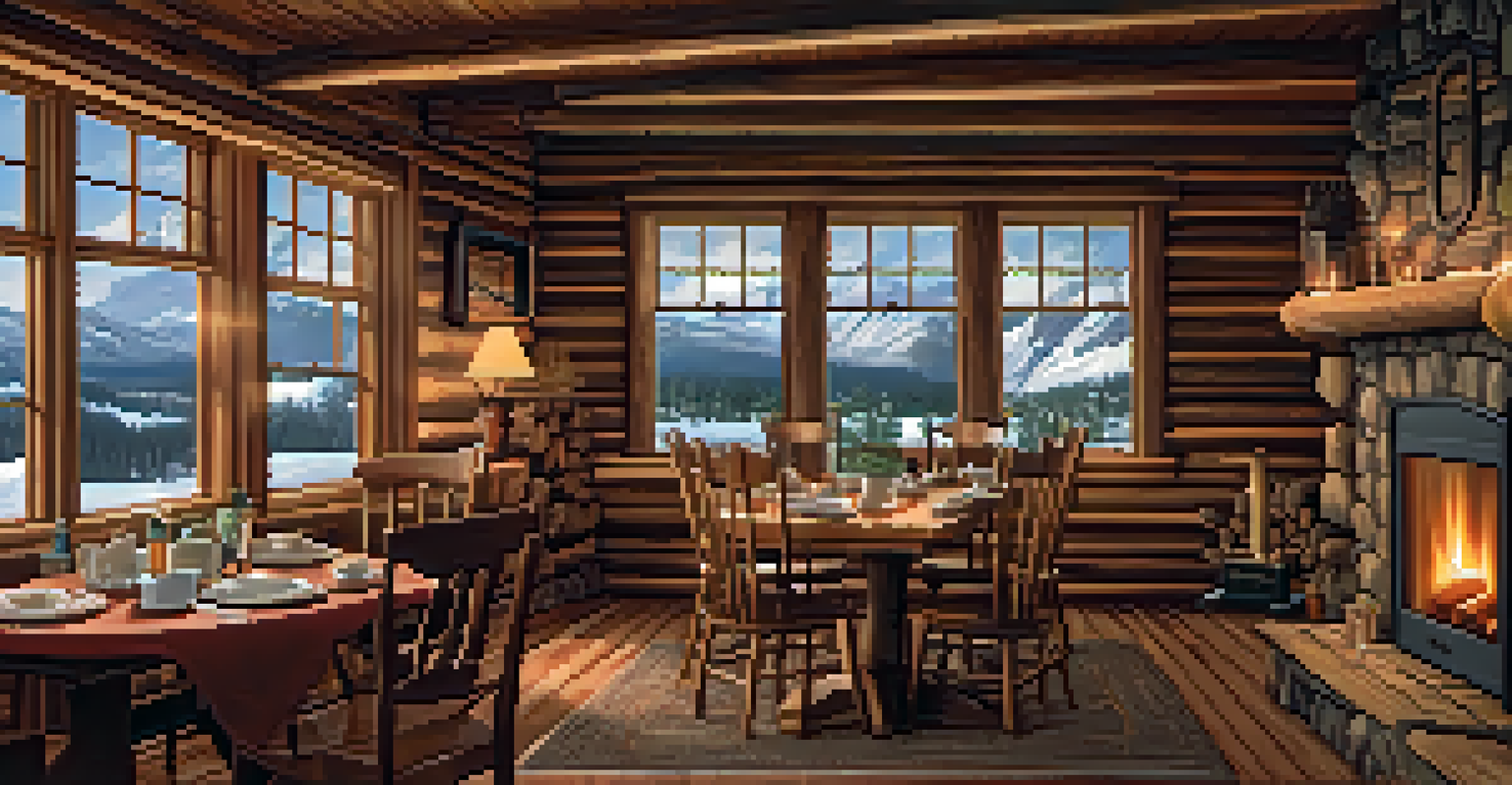 The interior of a rustic cabin with wood paneling, a stone fireplace, and a view of snow-capped mountains through large windows, featuring a wooden dining table and cozy blankets.