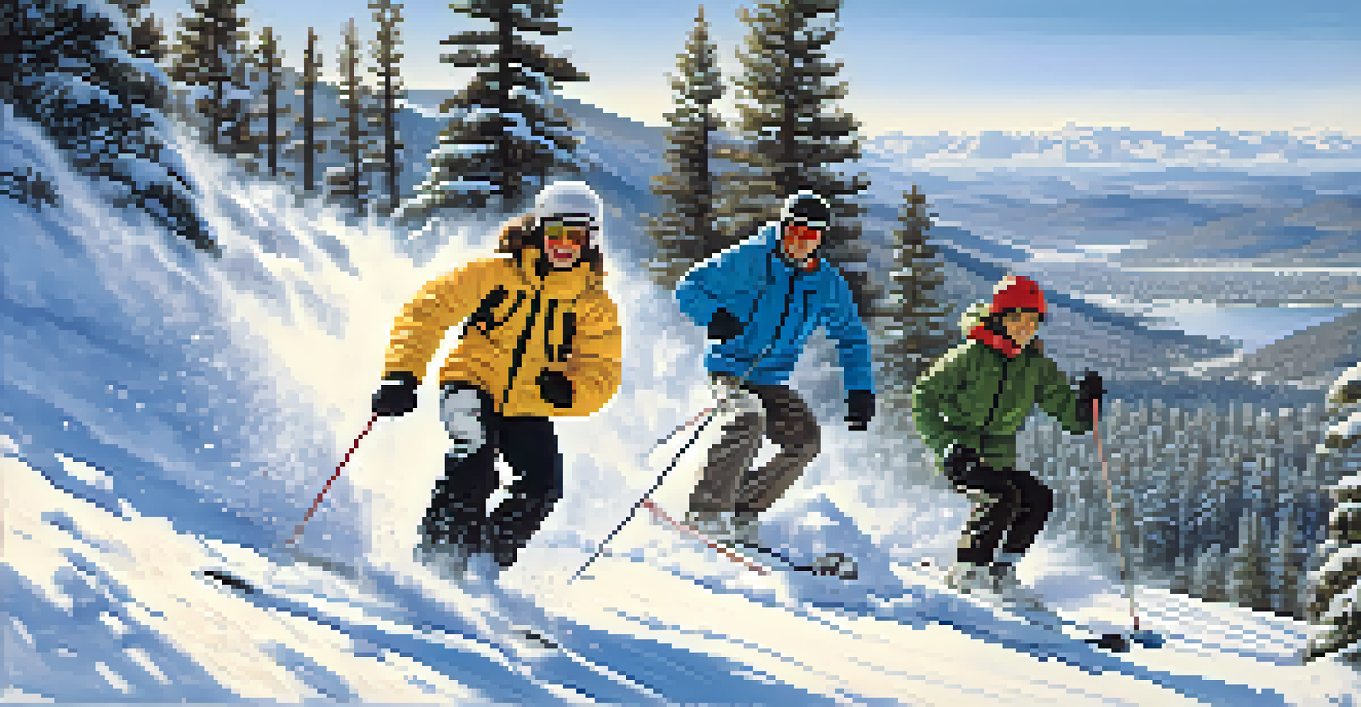 Teenagers skiing down a snowy slope in Big Bear, showcasing their excitement and the beautiful winter landscape around them.