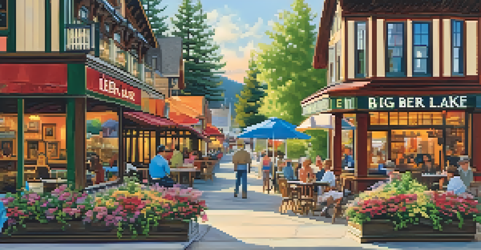 Historic Big Bear Lake Village, showcasing charming buildings, colorful flowers, and visitors enjoying the atmosphere.