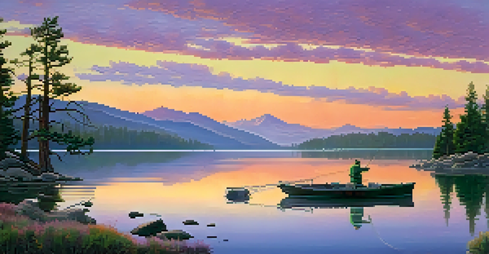 A tranquil sunrise over Big Bear Lake, featuring a fishing boat and an angler casting a line amidst vibrant sky colors and surrounding mountains.