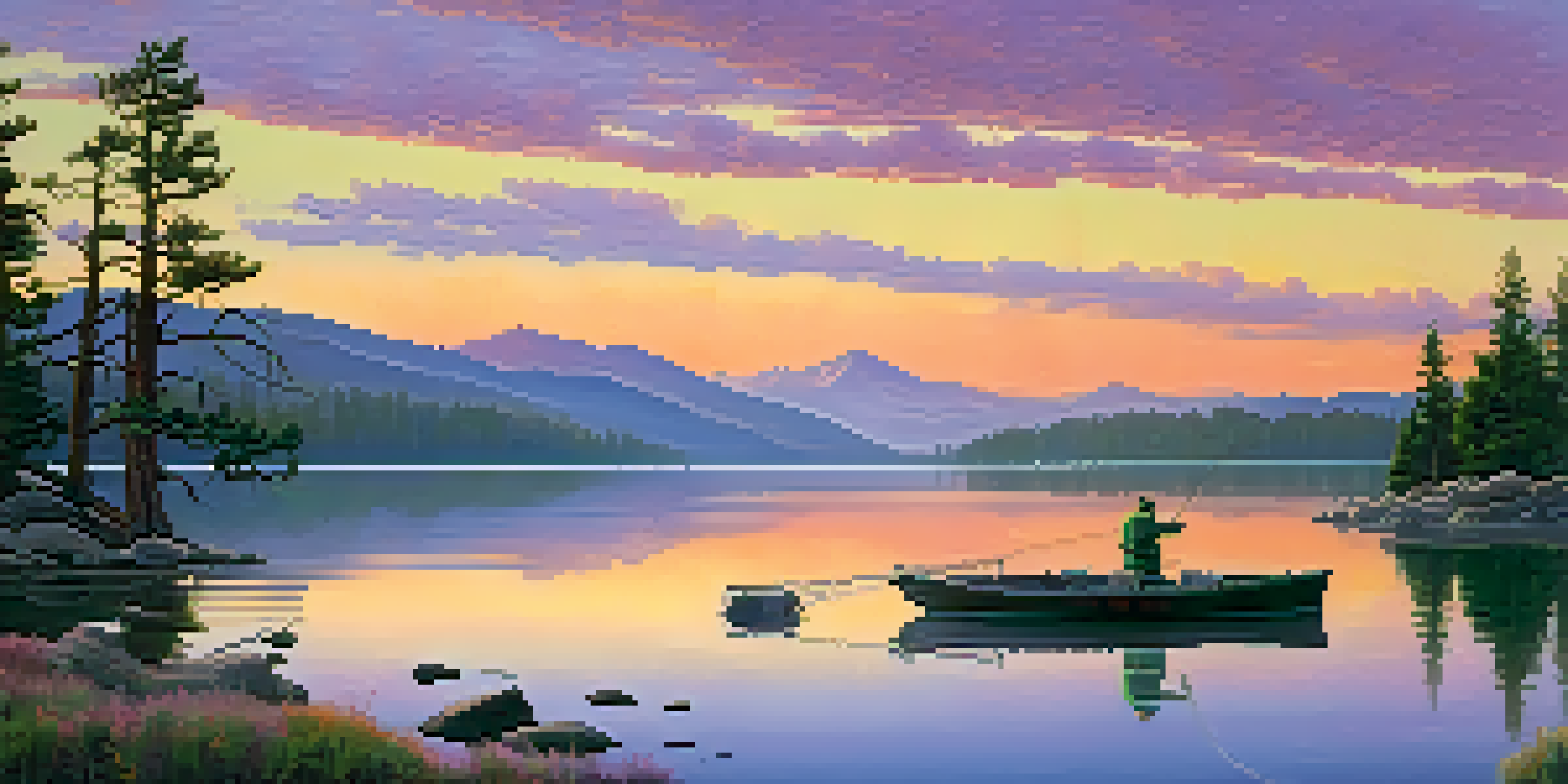 A tranquil sunrise over Big Bear Lake, featuring a fishing boat and an angler casting a line amidst vibrant sky colors and surrounding mountains.