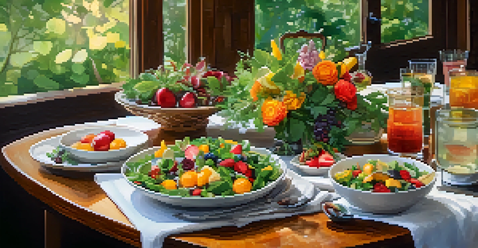 A table elegantly set with colorful seasonal dishes, herbal tea, and infused water, surrounded by greenery and warm lighting.