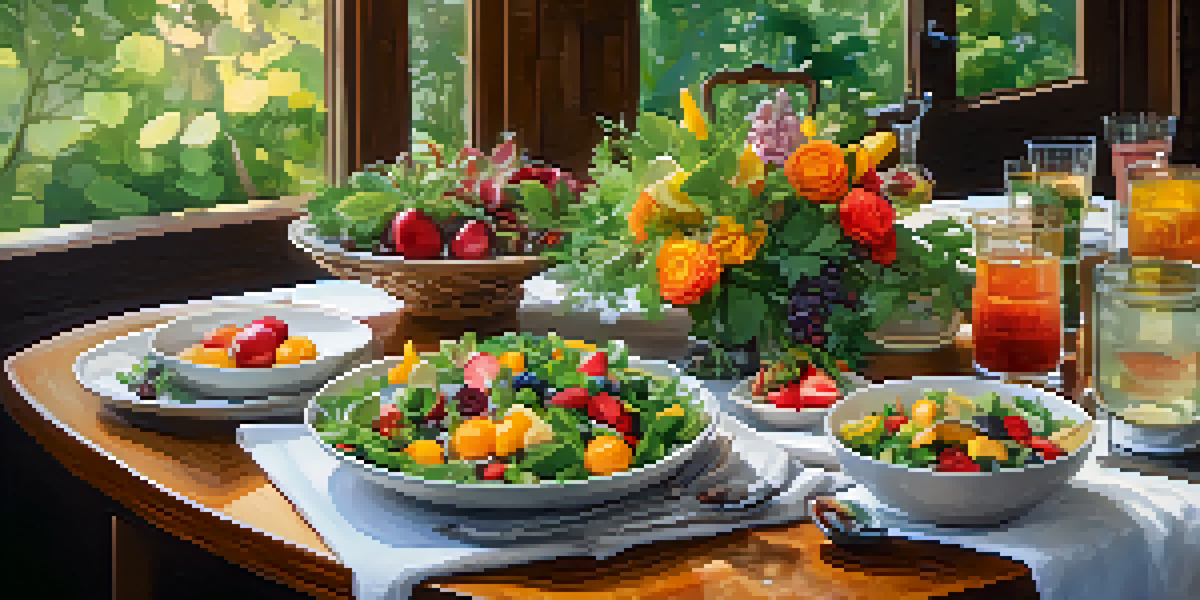 A table elegantly set with colorful seasonal dishes, herbal tea, and infused water, surrounded by greenery and warm lighting.