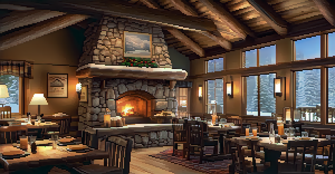 Interior of Big Bear's lodge with wooden beams, a fireplace, and a table with pastries and mugs, creating a warm and inviting atmosphere.