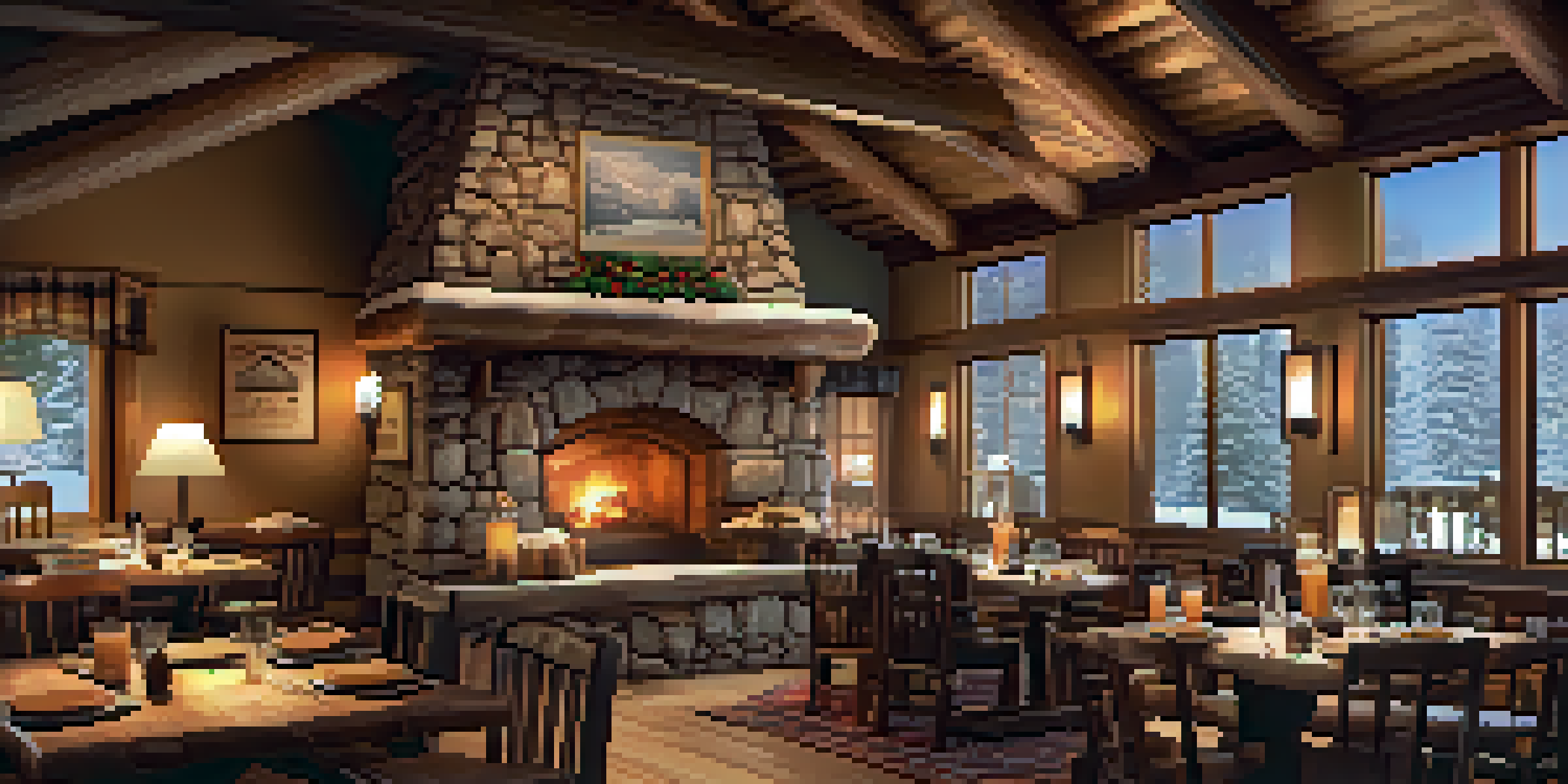 Interior of Big Bear's lodge with wooden beams, a fireplace, and a table with pastries and mugs, creating a warm and inviting atmosphere.