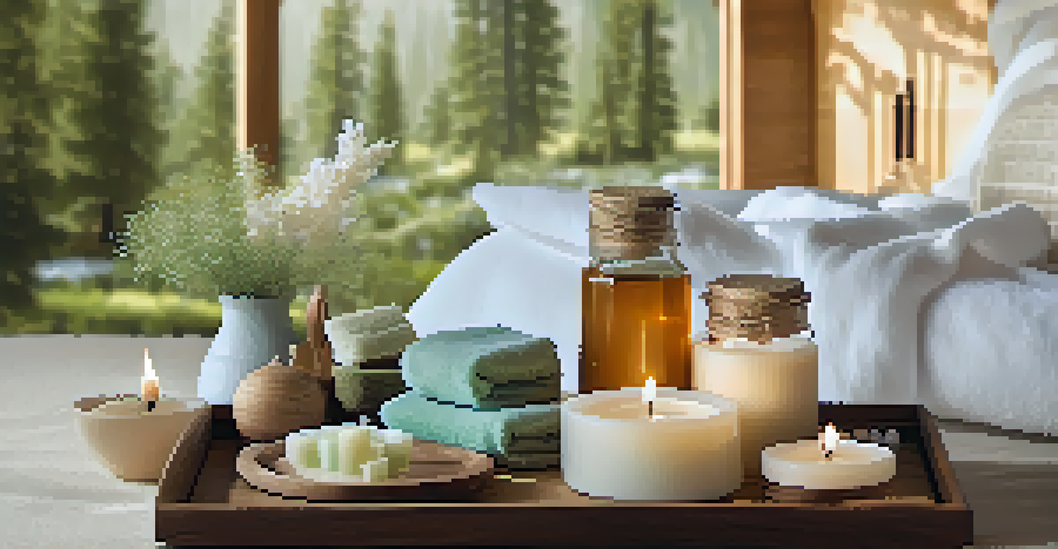 A display of spa products including skincare items and candles on a beautifully arranged table in a serene setting.