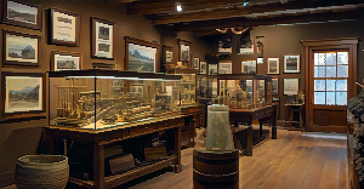 Interior of the Big Bear Historical Museum with artifacts from the gold rush era and visitors exploring the exhibits.