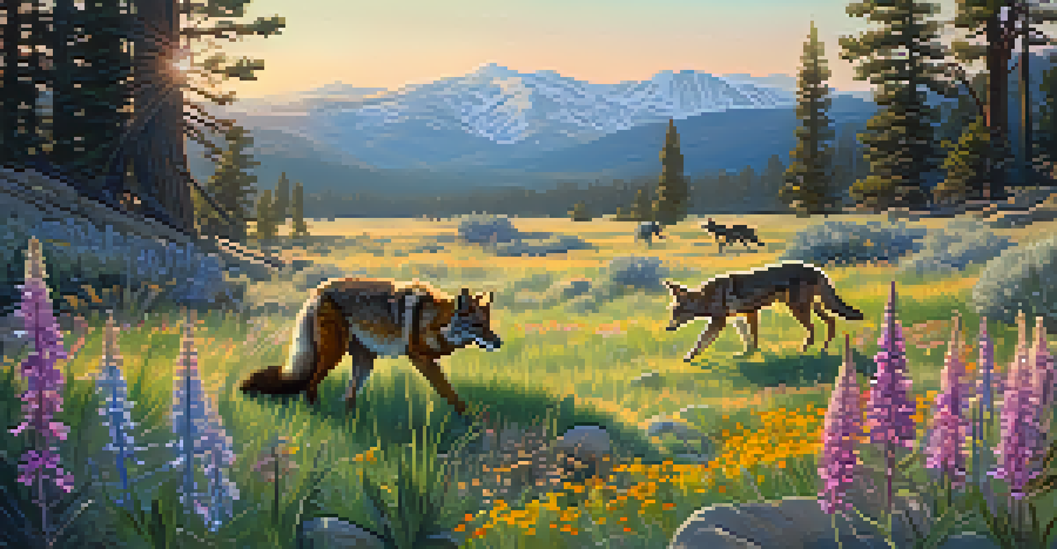 A colorful meadow in Big Bear filled with blooming wildflowers and playful coyotes, set against a backdrop of majestic mountains under warm sunlight.
