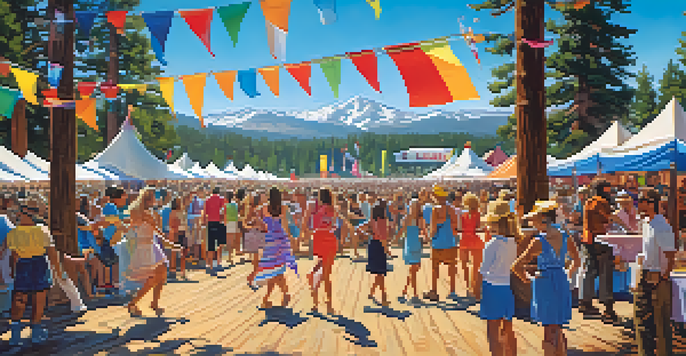 A lively outdoor music festival scene with diverse crowd dancing and enjoying performances surrounded by nature.