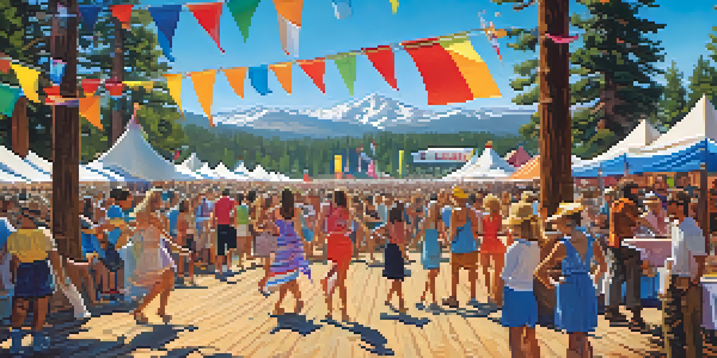A lively outdoor music festival scene with diverse crowd dancing and enjoying performances surrounded by nature.