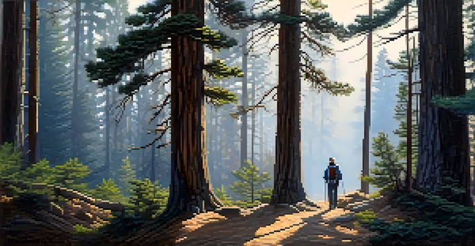 A hiker navigating through a foggy pine forest on the Haunted Pines Trail, with eerie lighting and shadows.