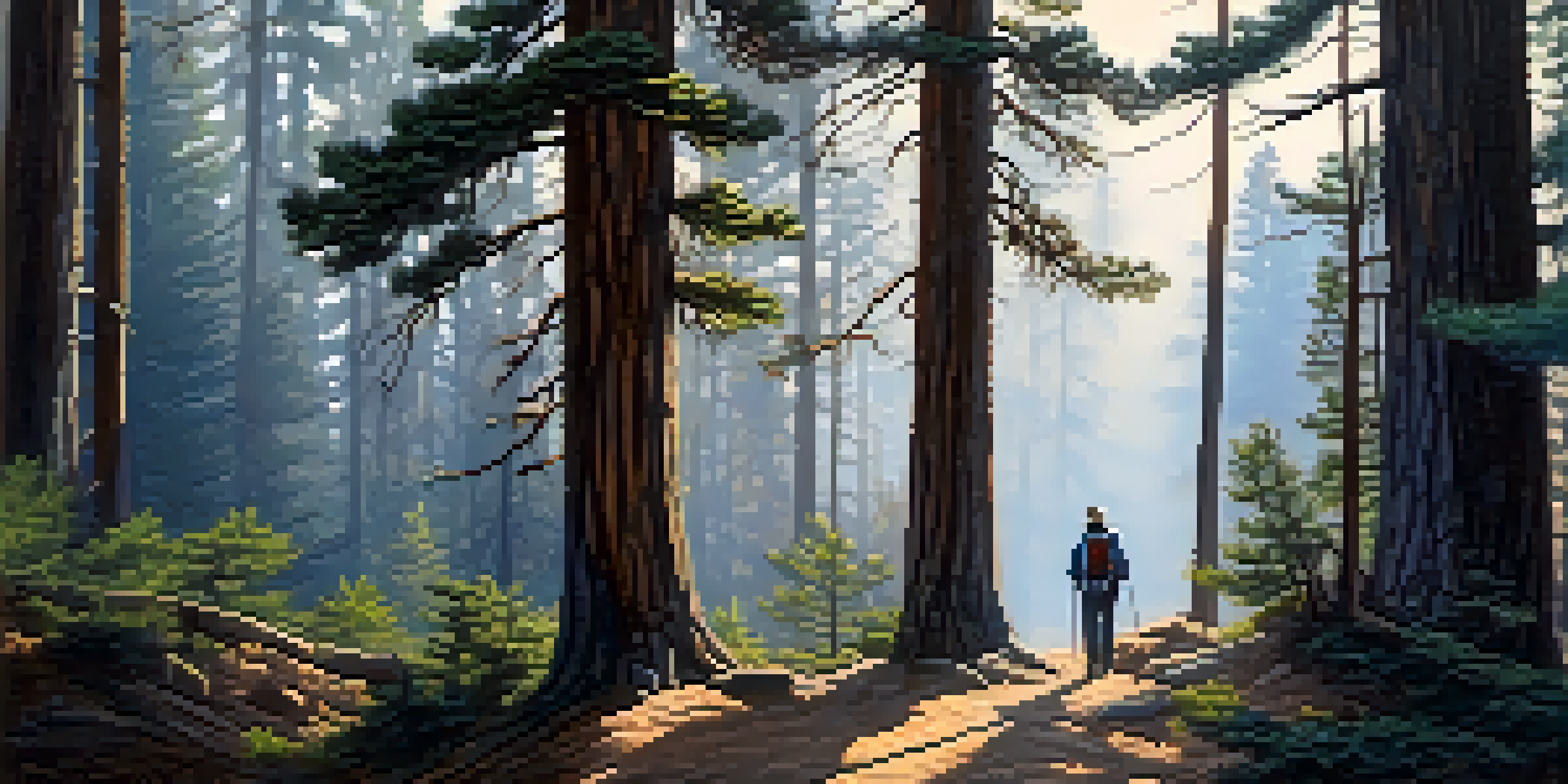 A hiker navigating through a foggy pine forest on the Haunted Pines Trail, with eerie lighting and shadows.