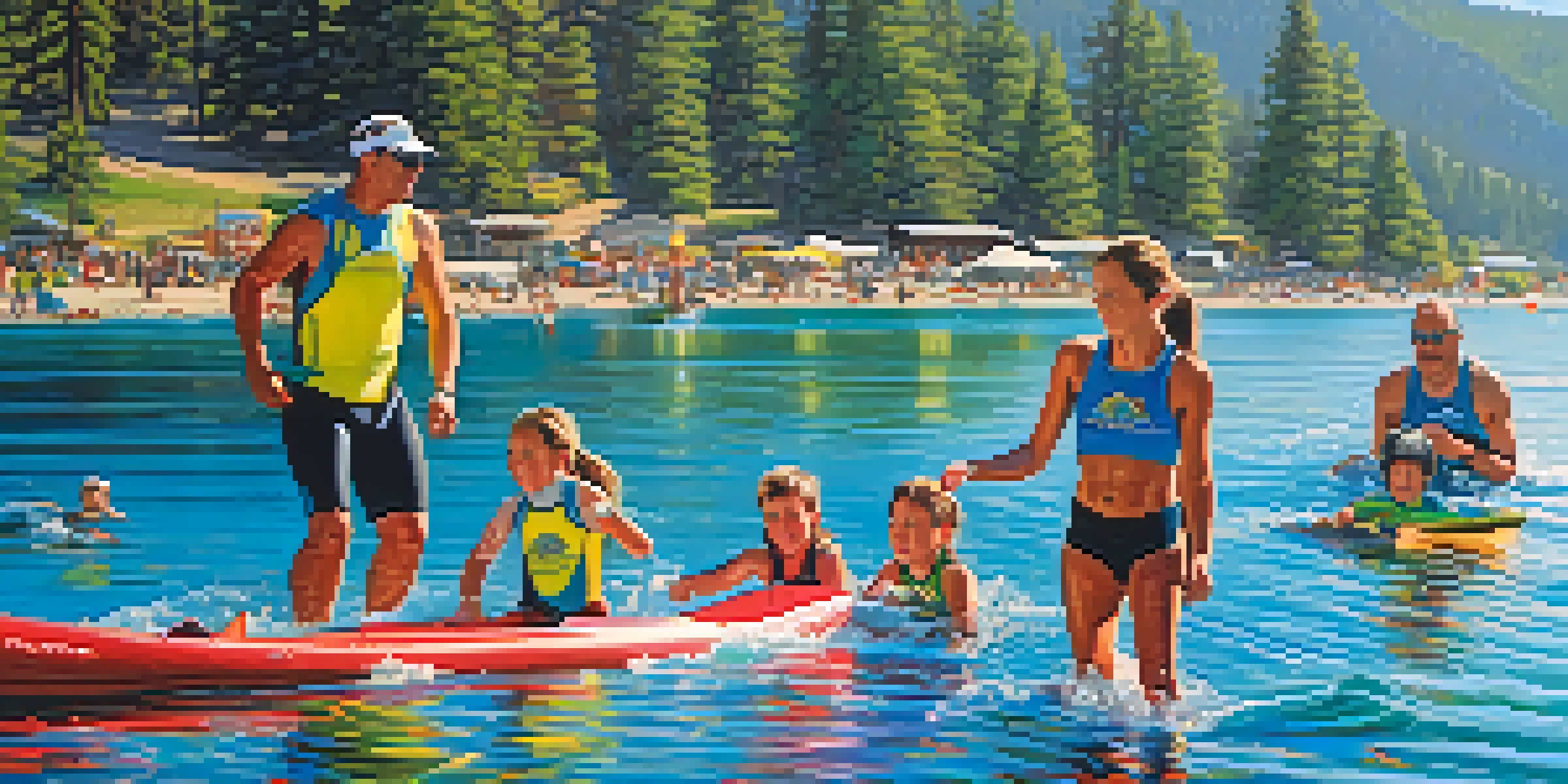 A family engaged in a triathlon at Big Bear Lake, showcasing a sunny day with mountains and trees in the background.