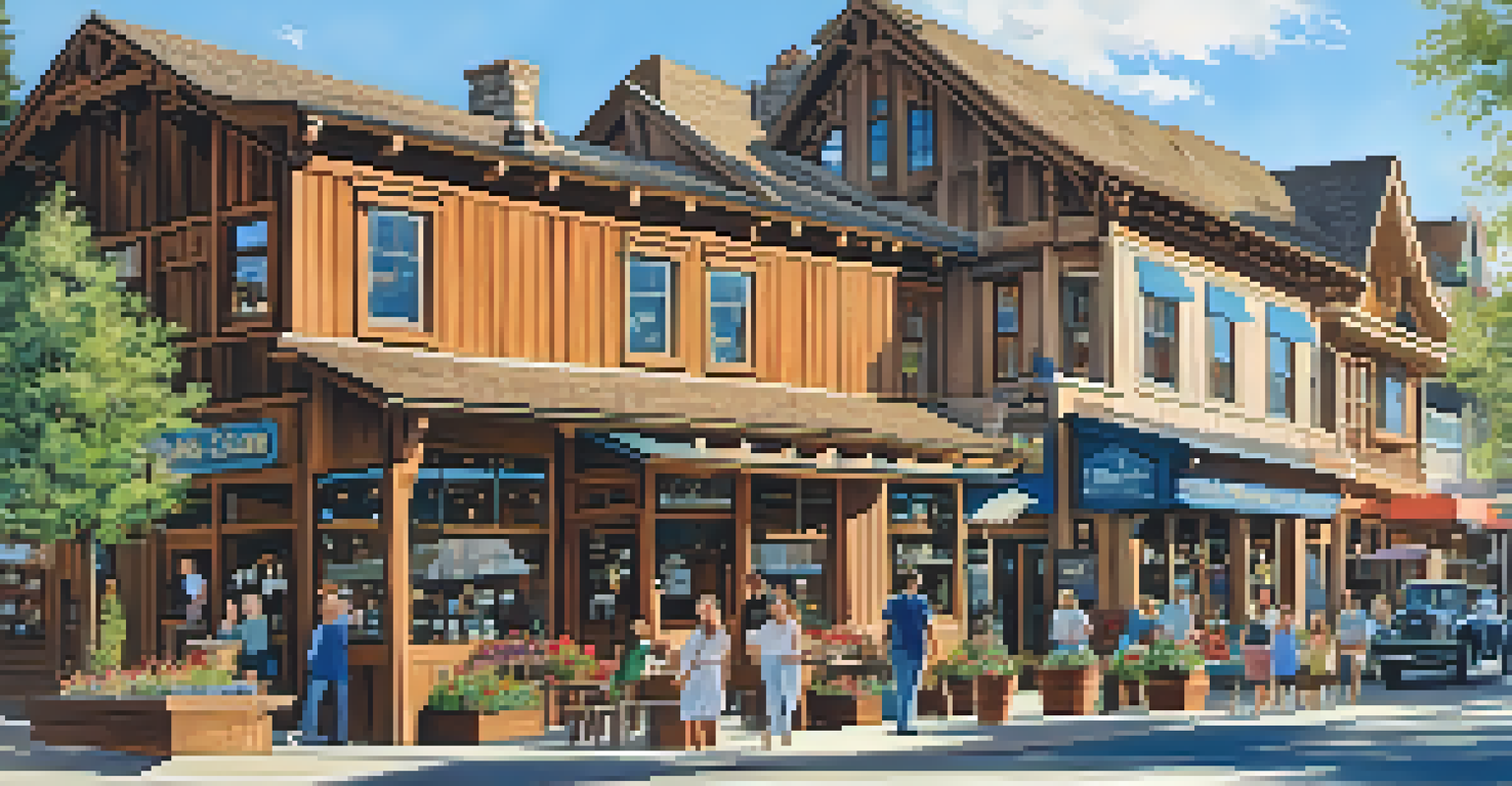 A picturesque view of the Historic Village in Big Bear Valley, featuring shops and restaurants with alpine architecture and people walking.