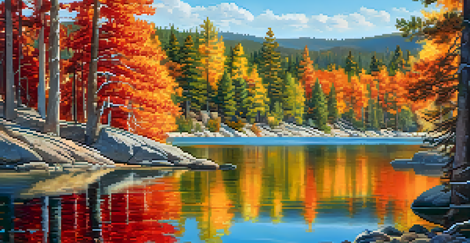 A picturesque autumn view of Big Bear Lake with colorful foliage and pine trees.
