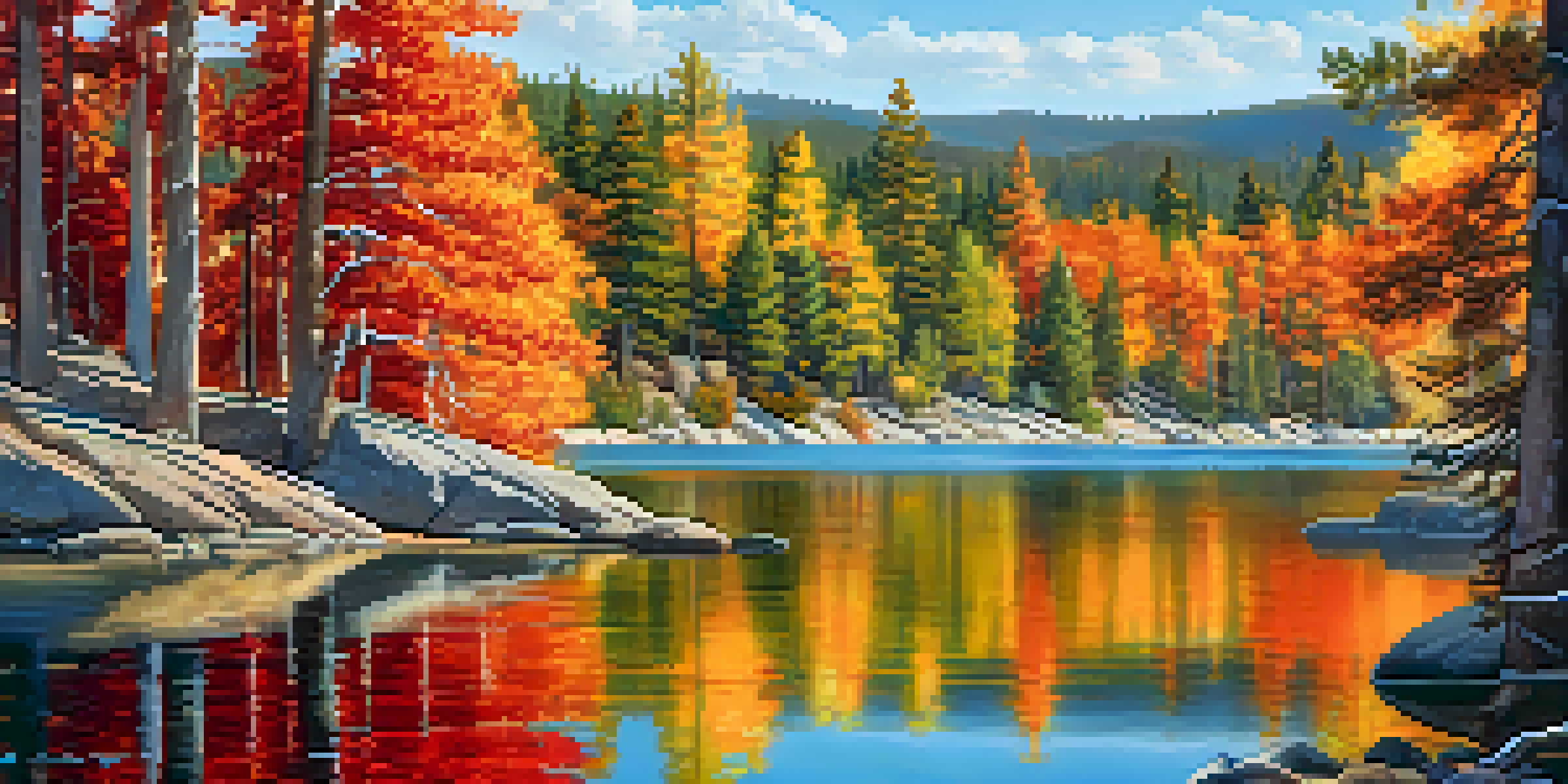 A picturesque autumn view of Big Bear Lake with colorful foliage and pine trees.