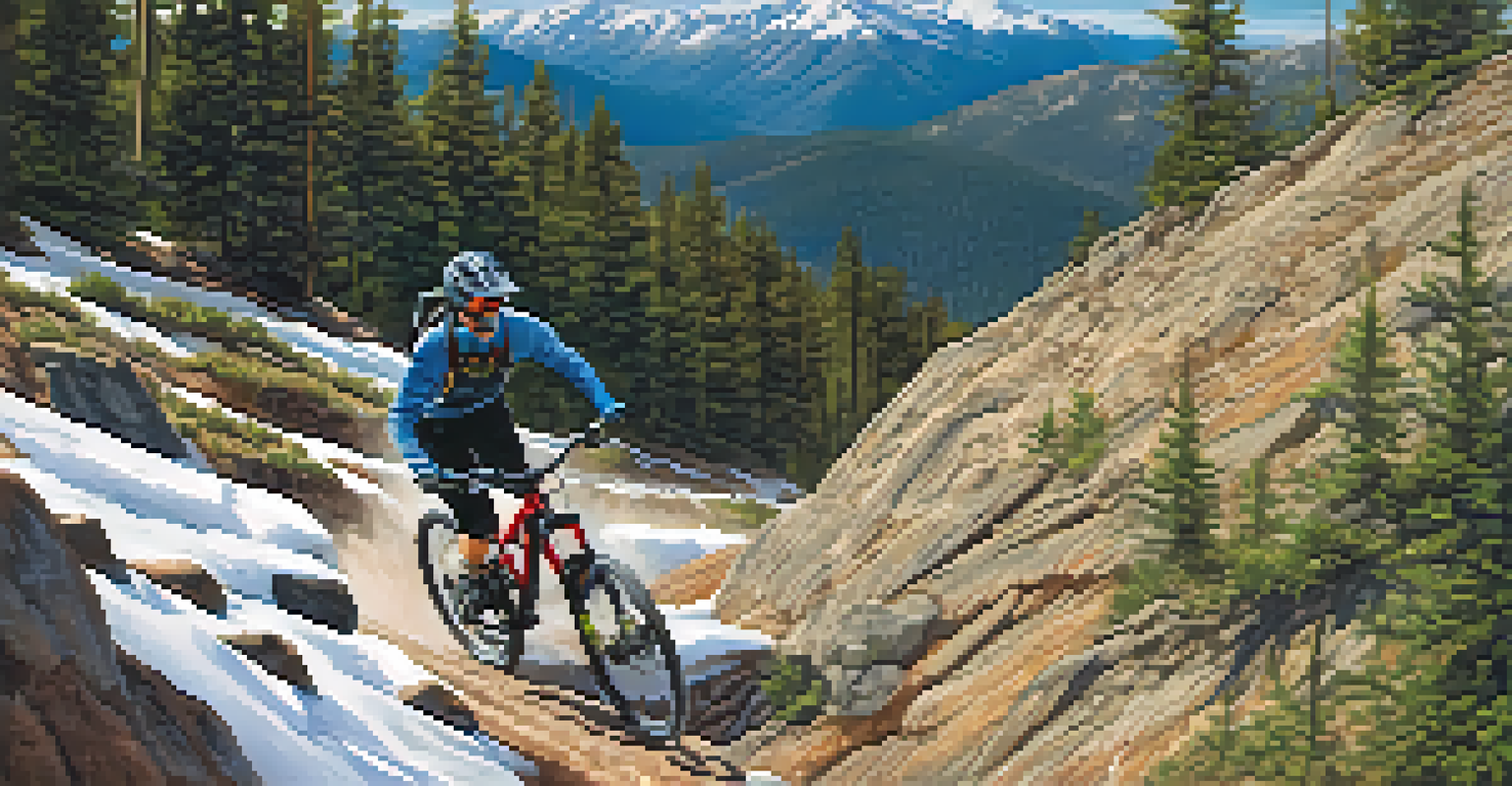 A mountain biker riding down a steep trail at Snow Summit Resort, surrounded by mountains and trees.