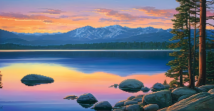 A tranquil sunset view over Big Bear Lake with mountains in the background and pine trees in the foreground.