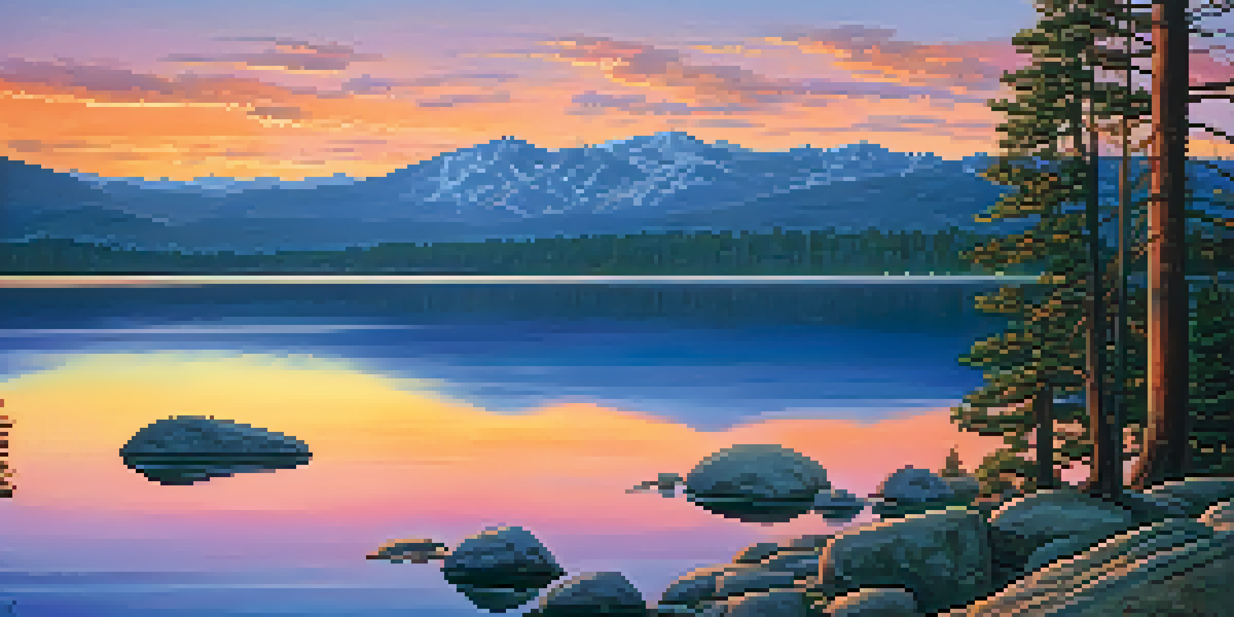A tranquil sunset view over Big Bear Lake with mountains in the background and pine trees in the foreground.