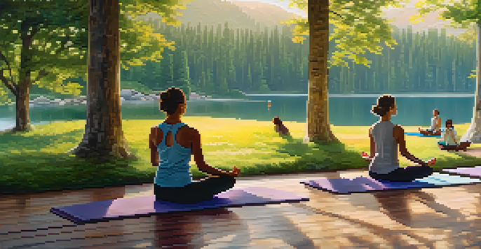 A peaceful wellness retreat by a lake with people practicing yoga surrounded by trees and mountains.
