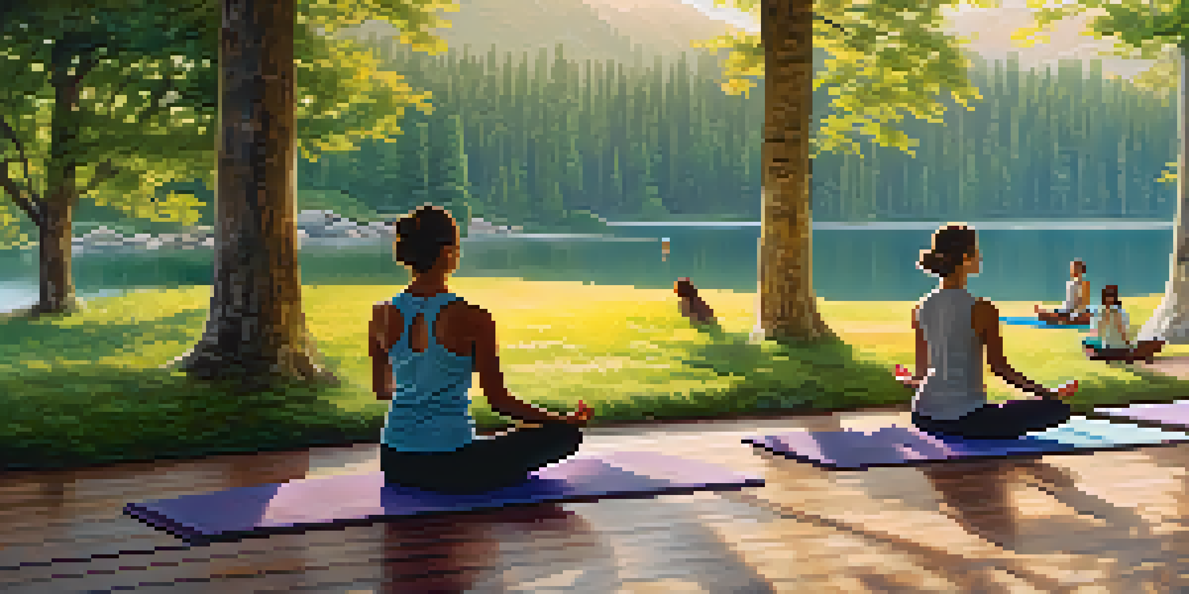 A peaceful wellness retreat by a lake with people practicing yoga surrounded by trees and mountains.