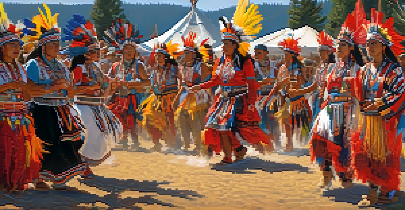 Native American dancers in traditional attire perform around a bonfire during a cultural festival in Big Bear, with colorful banners in the background.