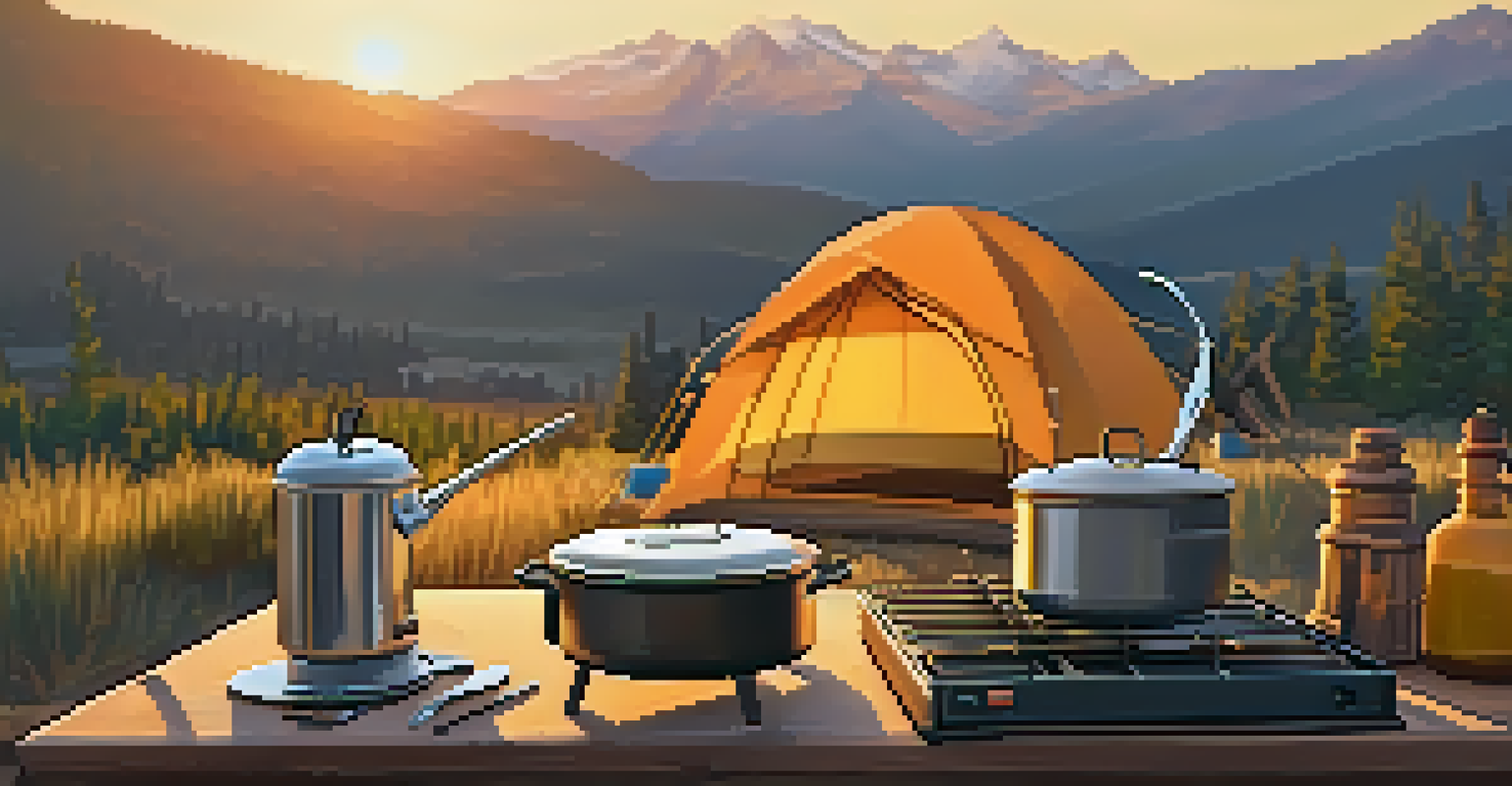 A campsite with a portable camp stove, a pot simmering, and fresh vegetables, illuminated by the golden glow of the setting sun.