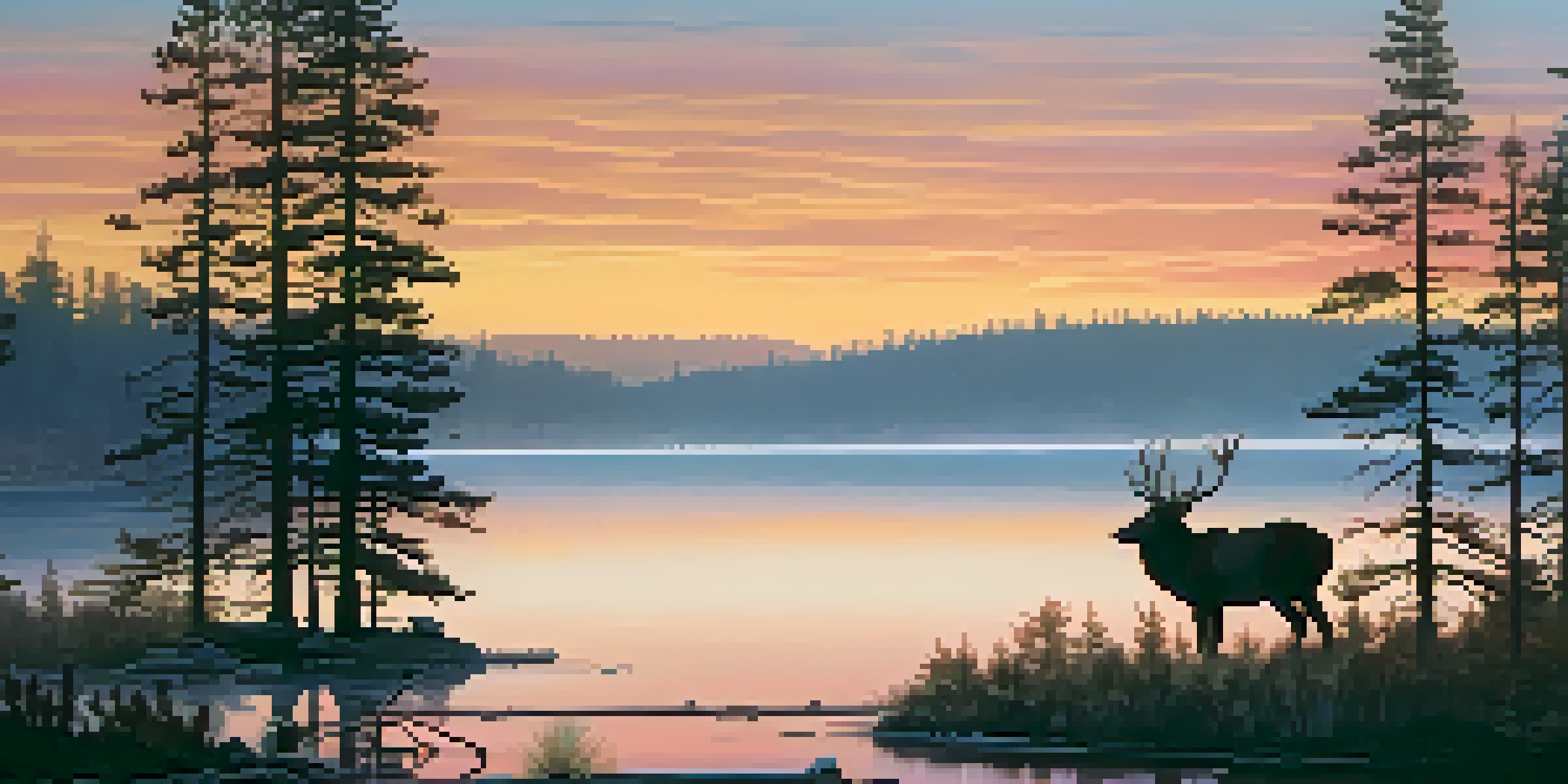 A peaceful morning scene at Big Bear Lake with mist, pine trees, and a deer by the water.