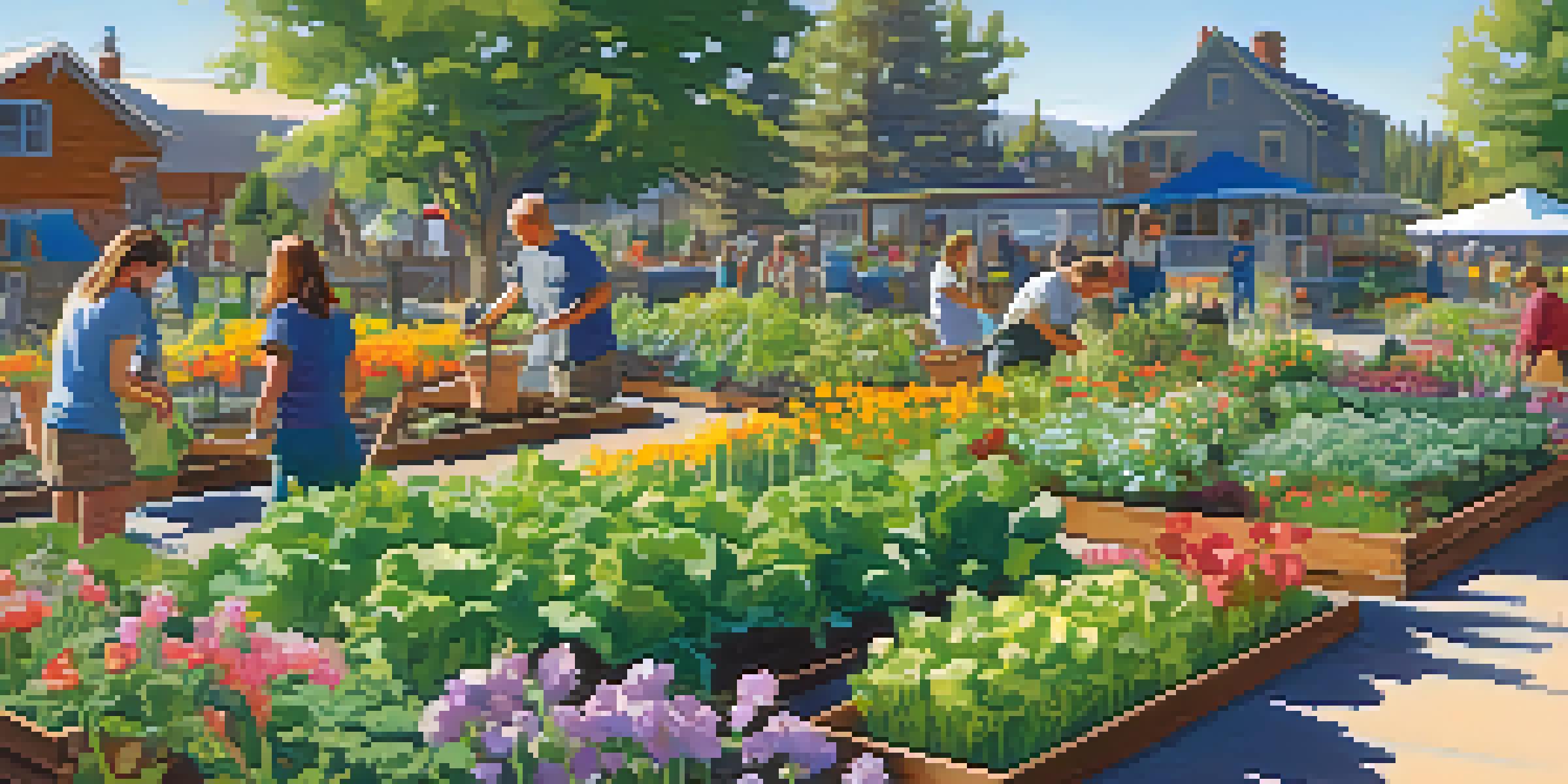 A lively community garden with volunteers planting and weeding among colorful flowers and green vegetables under a sunny blue sky.