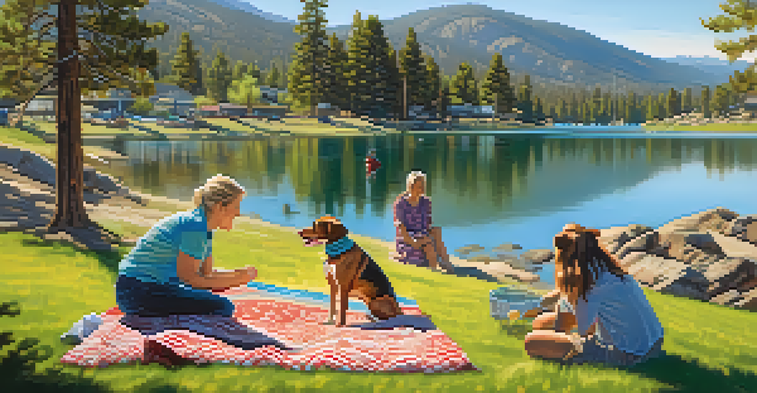A small dog splashing in a lake at Meadow Park, with families enjoying a picnic in the foreground and mountains in the background.