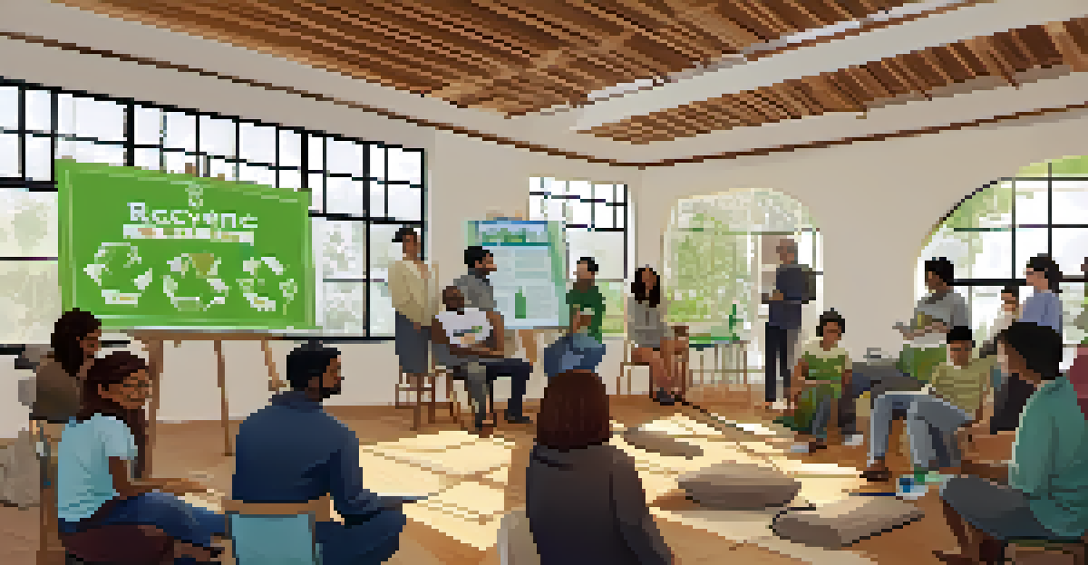 A community workshop in Big Bear, with residents learning about sustainability, featuring educational posters and an engaged audience.