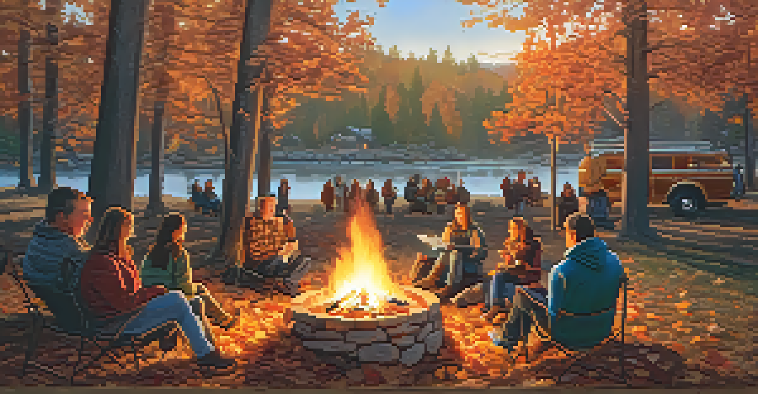 Families gathered around a cozy bonfire at an autumn festival, roasting marshmallows.